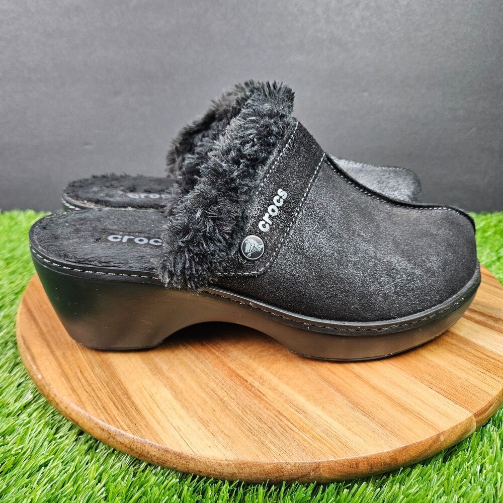 Crocs Cobbler Clog Shoes Womens Size 9 Black Shimmer Leather Faux Fur Slip On